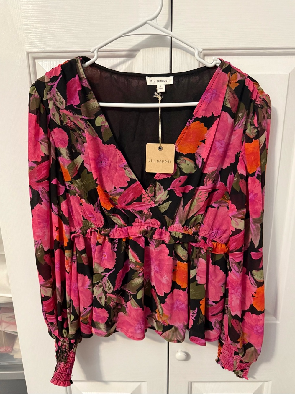 Blu Pepper Black Floral Surplice Peplum Blouse with Pink & Orange Blooms